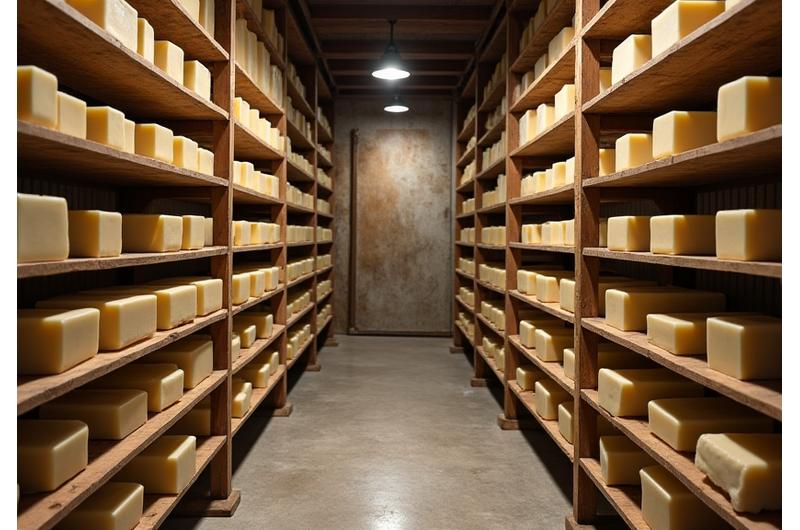 冷暗所で熟成される手作り石鹸が並ぶ棚