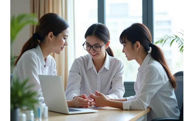 キレイカスミの日本人スタッフが顧客からの問い合わせ対応について話し合う様子