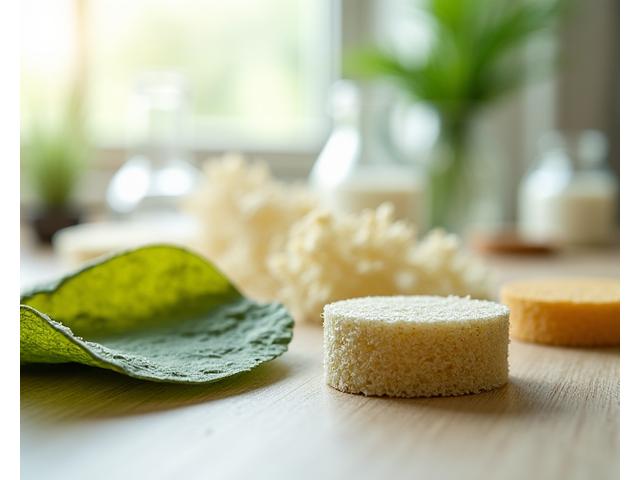 植物由来の生分解性素材サンプルと研究室の様子